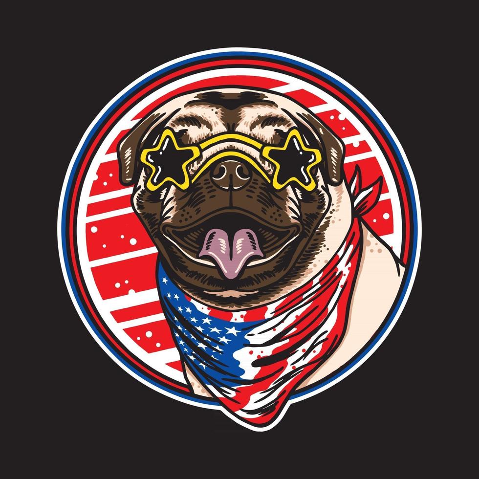 Óculos de cabeça de cachorro pug usando bandana de pescoço com bandeira americana vetor