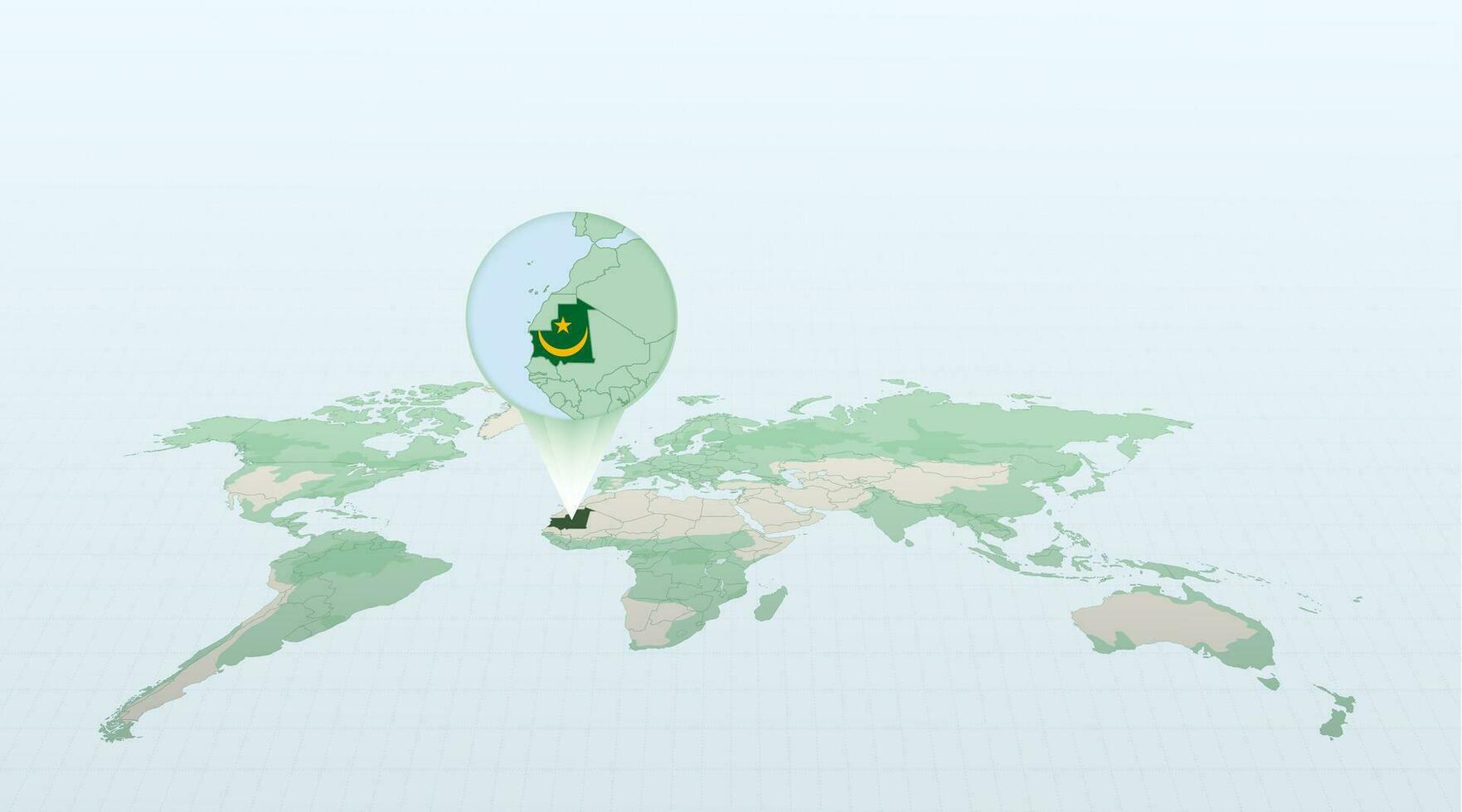 mundo mapa dentro perspectiva mostrando a localização do a país Mauritânia com detalhado mapa com bandeira do Mauritânia. vetor