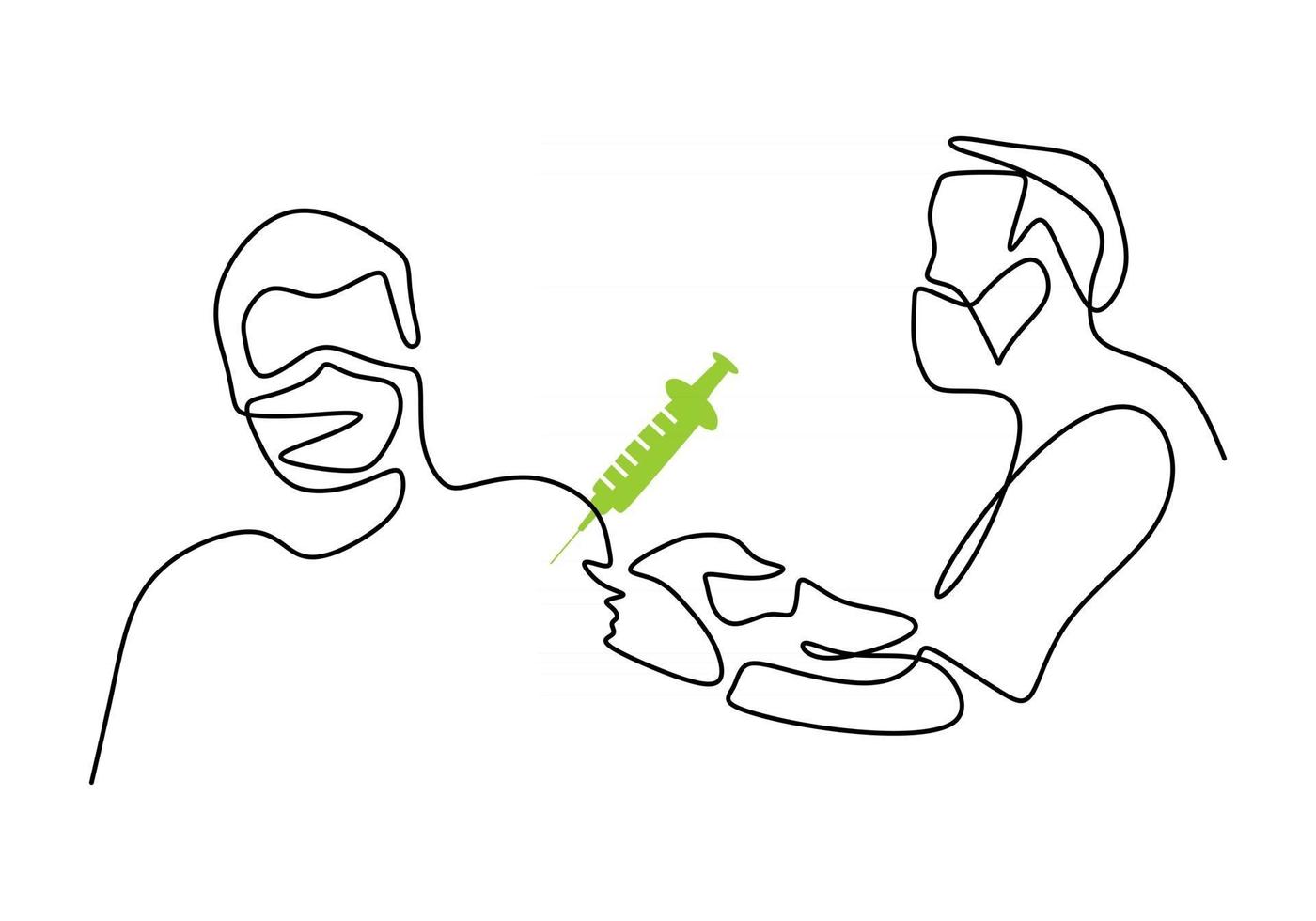 desenho de linha contínua de um médico com máscara protetora dando vacina vetor