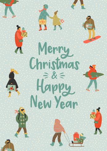 Pessoas de whit de ilustração de Natal e feliz ano novo. Estilo retro moderno. vetor