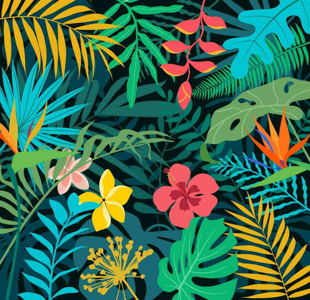 fundo tropical brilhante com plantas da selva. vetor padrão exótico com folhas de palmeira