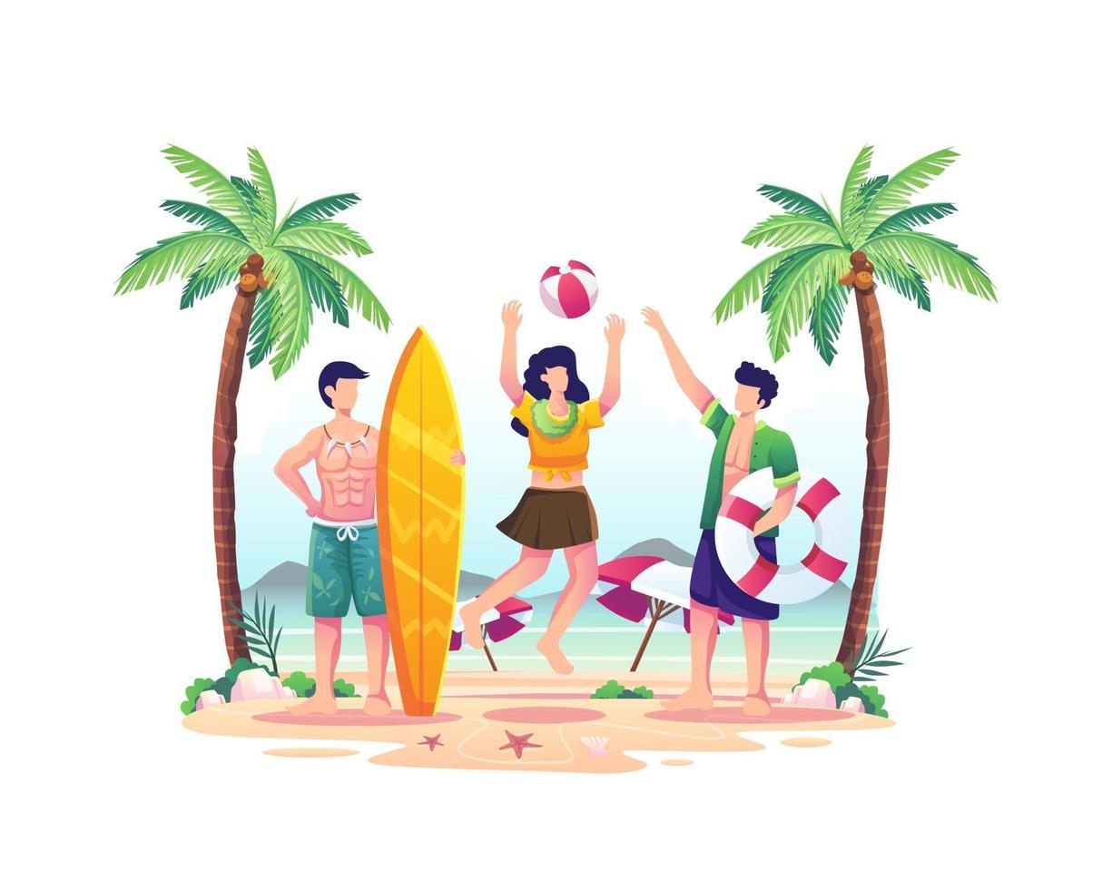 pessoas felizes brincando na praia em uma ilustração de dia de verão vetor