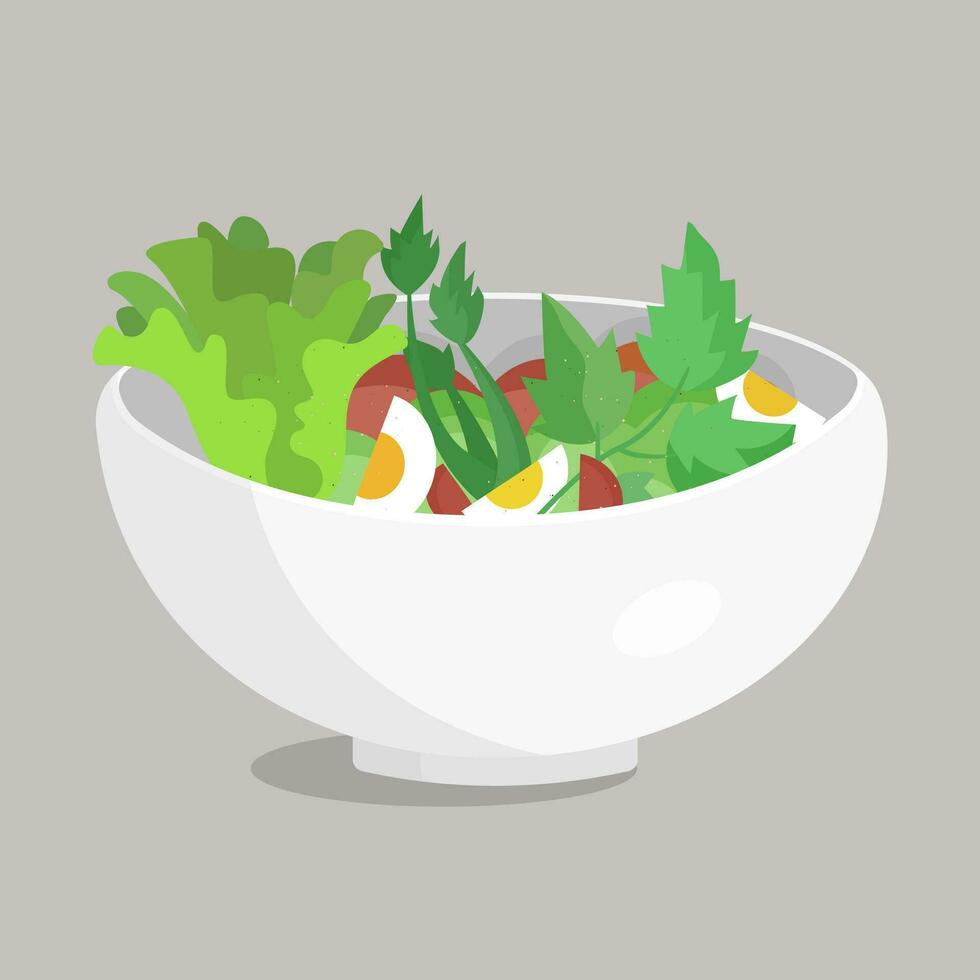 fresco vegetal salada com ovos dentro cerâmico tigela. fresco e saudável Comida. plano vetor para cafeteria ou restaurante cardápio