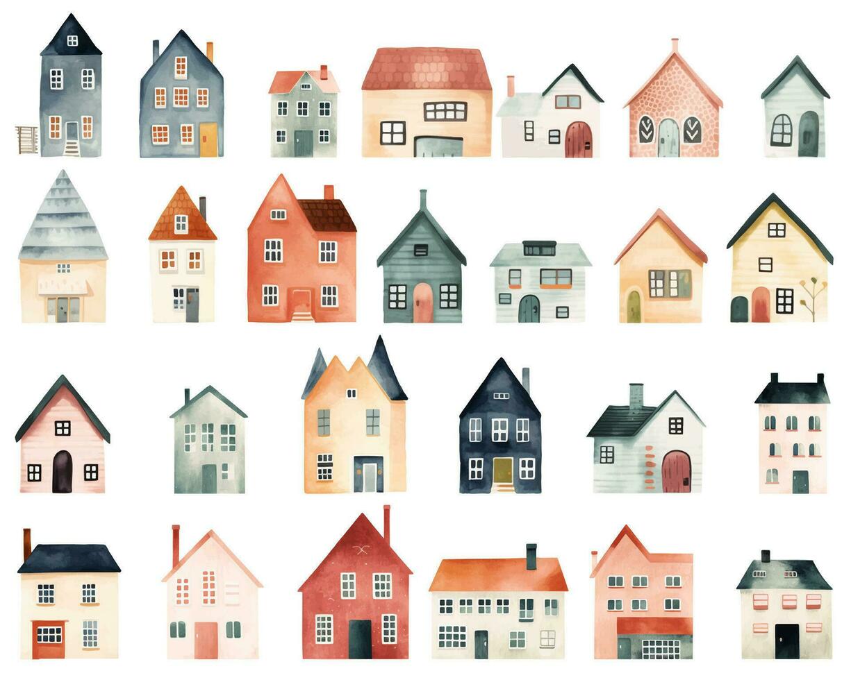 conjunto do aguarela escandinavo casas. fofa infantil europeu edifícios. na moda Scandi vetor elementos