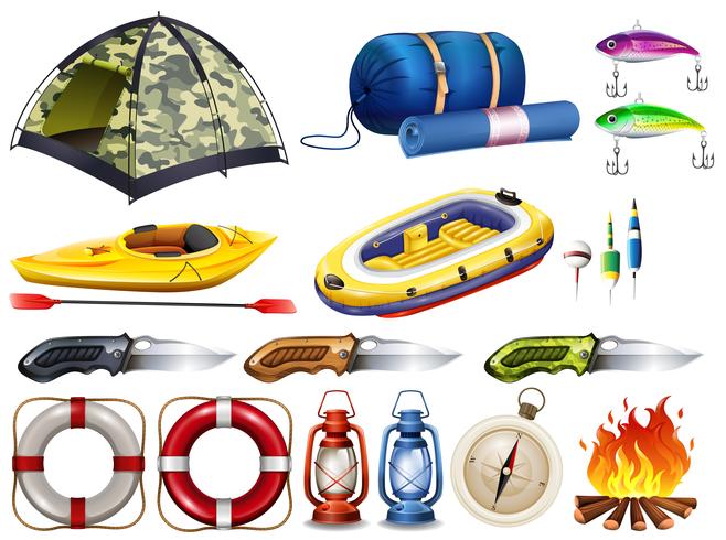 Camping conjunto com tenda e outros equipamentos vetor