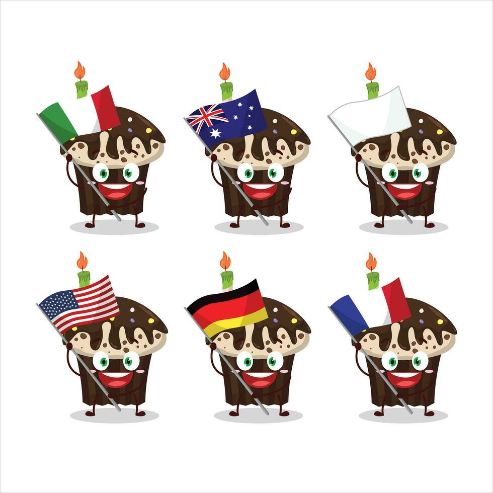 aniversário bolinho desenho animado personagem trazer a bandeiras do vários países vetor