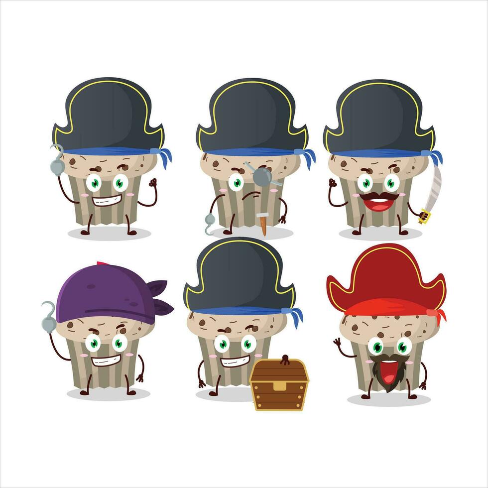 desenho animado personagem do aniversário morango bolinho com vários piratas emoticons vetor
