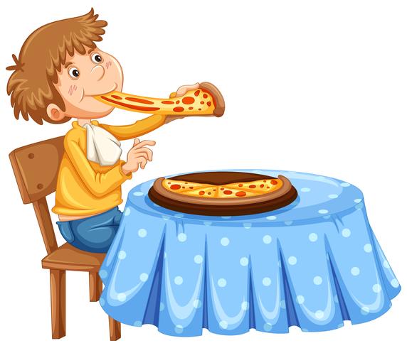 Homem comendo pizza na mesa vetor