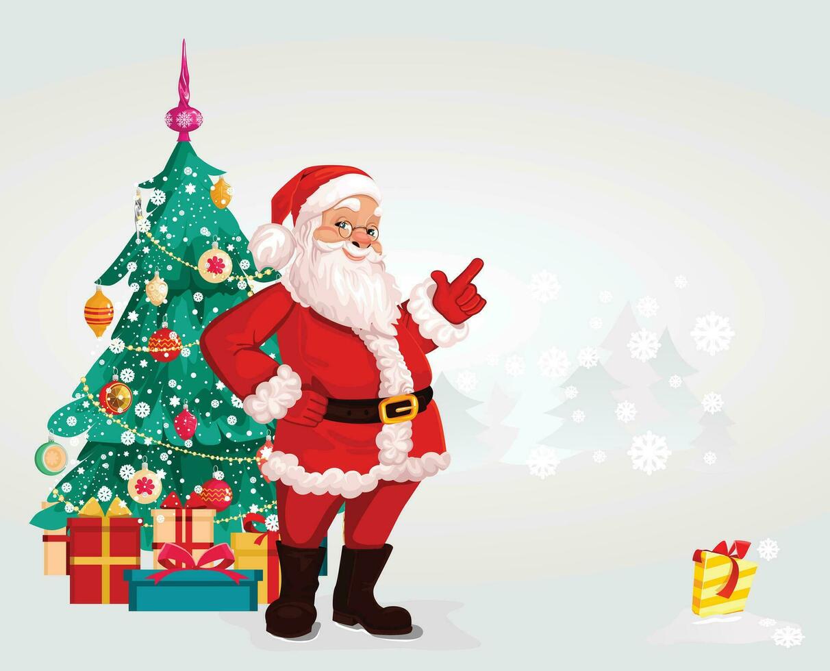 alegre santa Papai Noel, sorridente desenho animado personagem, Natal feriado, dentro a fundo com uma inverno panorama e uma presente dentro a neve. vetor ilustração