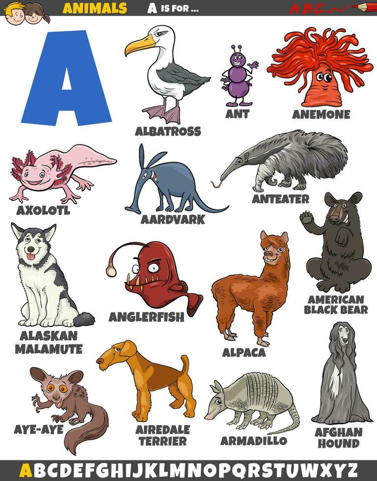 alfabeto educacional com animais de desenho animado vetor