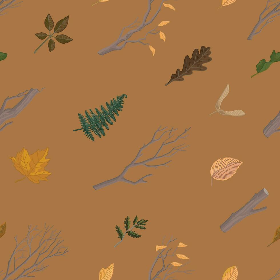 outono botânica vetor desatado padronizar. enfeite do caído folhas, nu galhos. desenho animado estilo Projeto para fundo, papel de parede, decoração.