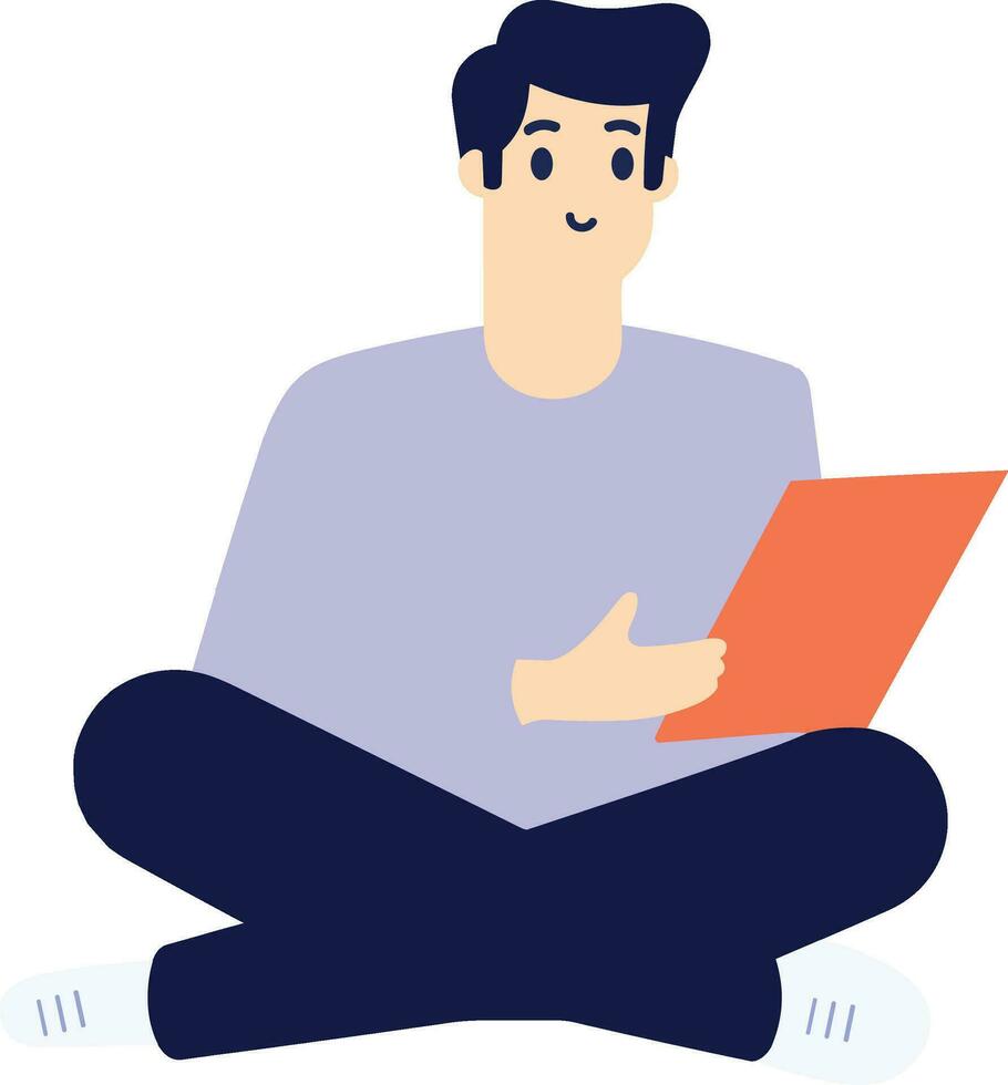 mão desenhado masculino personagem sentado e lendo uma livro dentro plano estilo vetor