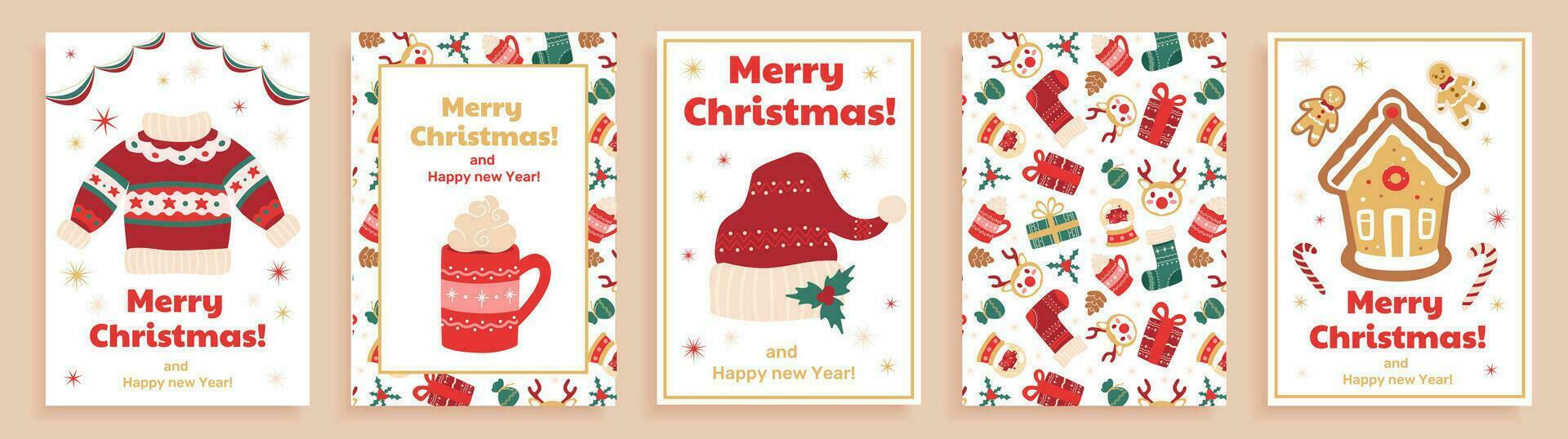 conjunto do Natal feriado cartazes com fofa desenhos do a Natal símbolos, decorativo meias, cacau caneca, Pão de gengibre casa e doce bengalas. vetor impressões, cartões postais, bandeiras.