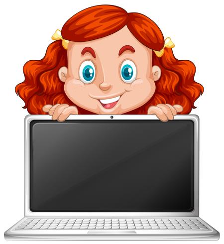 Uma garota ruiva com laptop vetor