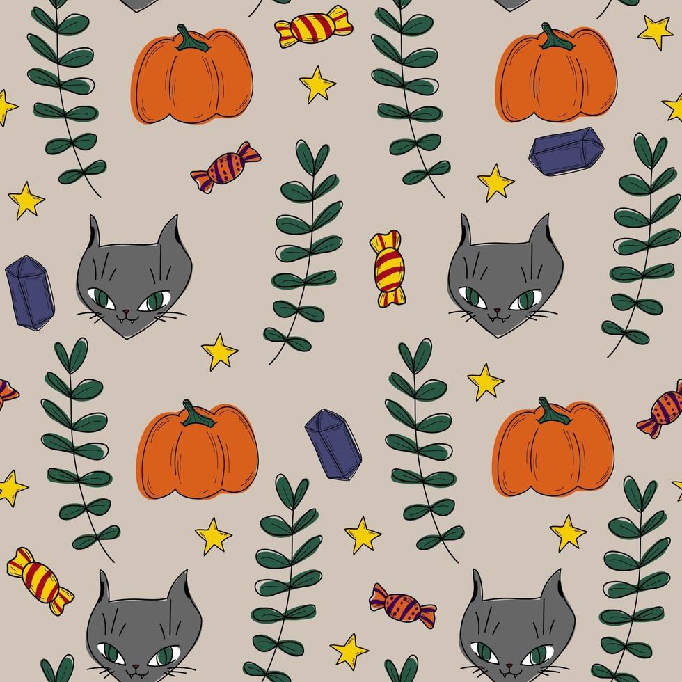 padrão fofo com doodles gato doce estrelas de abóbora halloween sem costura vetor