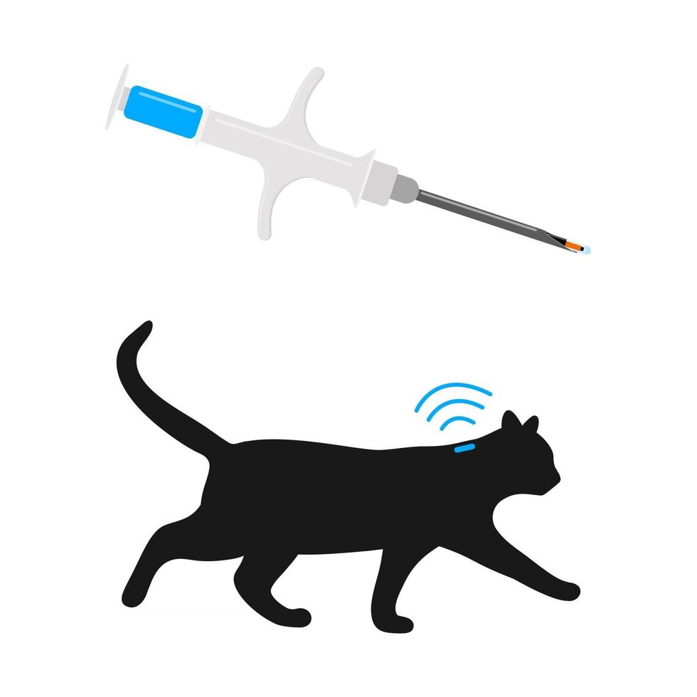 seringa com microchip e silhueta de gato com implante e sinal RFID vetor