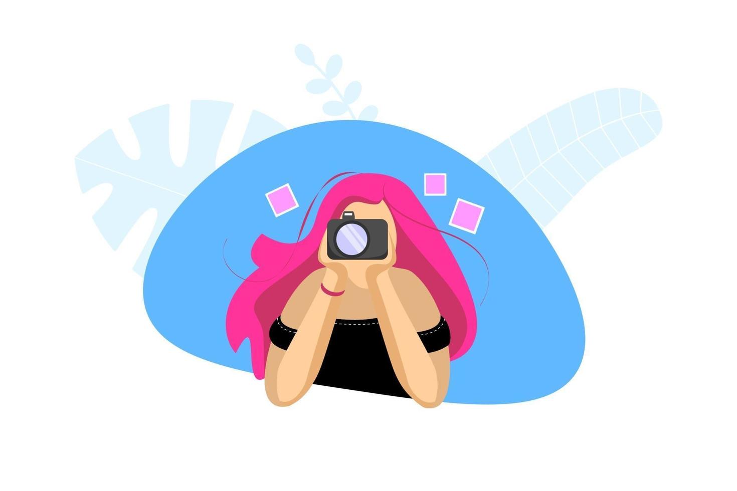 Fotógrafo de uma linda jovem adolescente com cabelo rosa segurando a câmera vetor