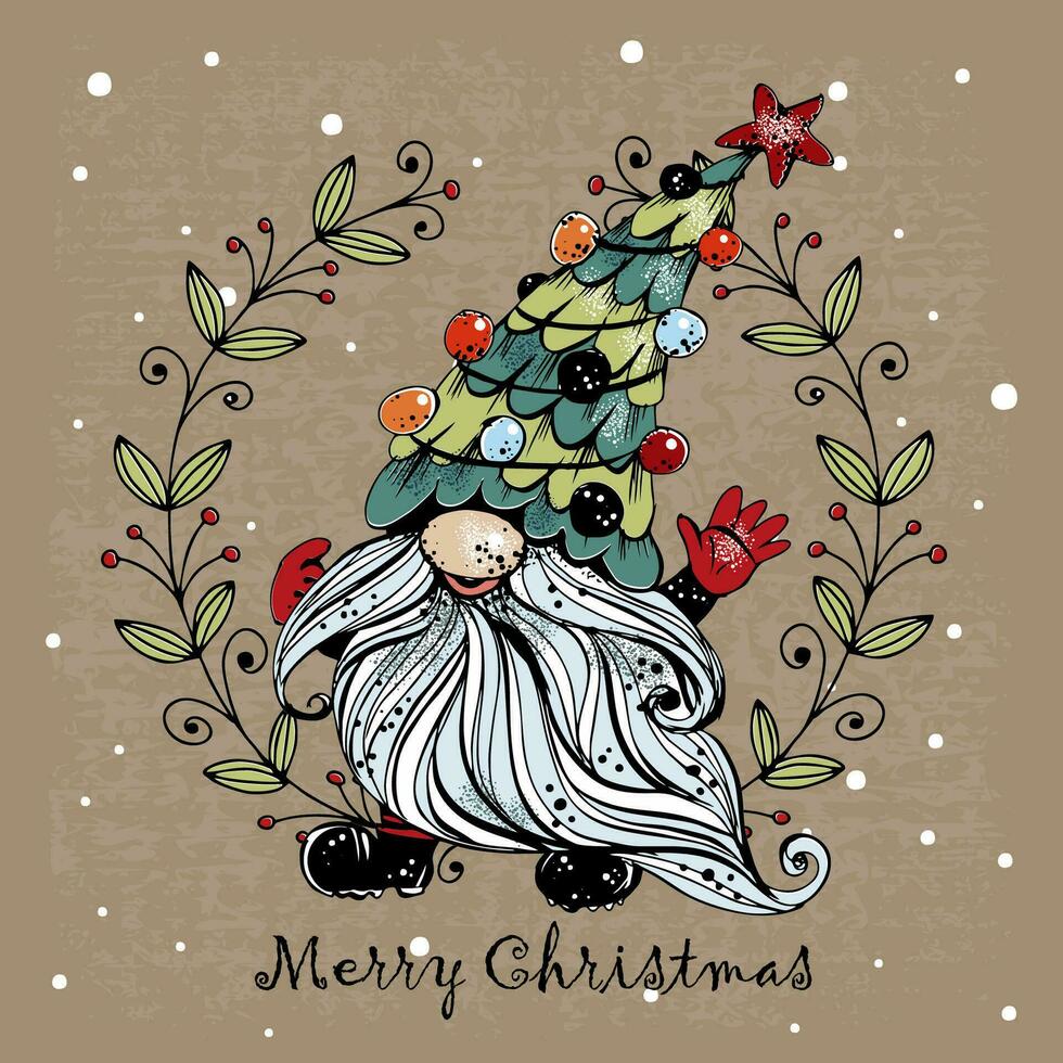 lindo gnomo de natal com presentes no estilo doodle. cartão de felicitações. vetor. vetor