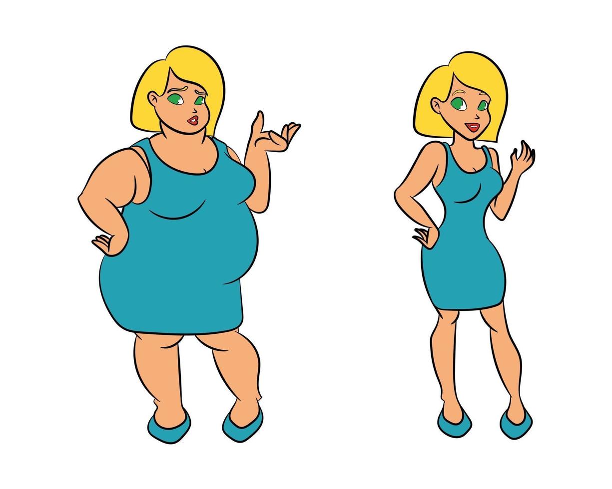 fit cartoon mulher perda de peso antes e depois da dieta vetor