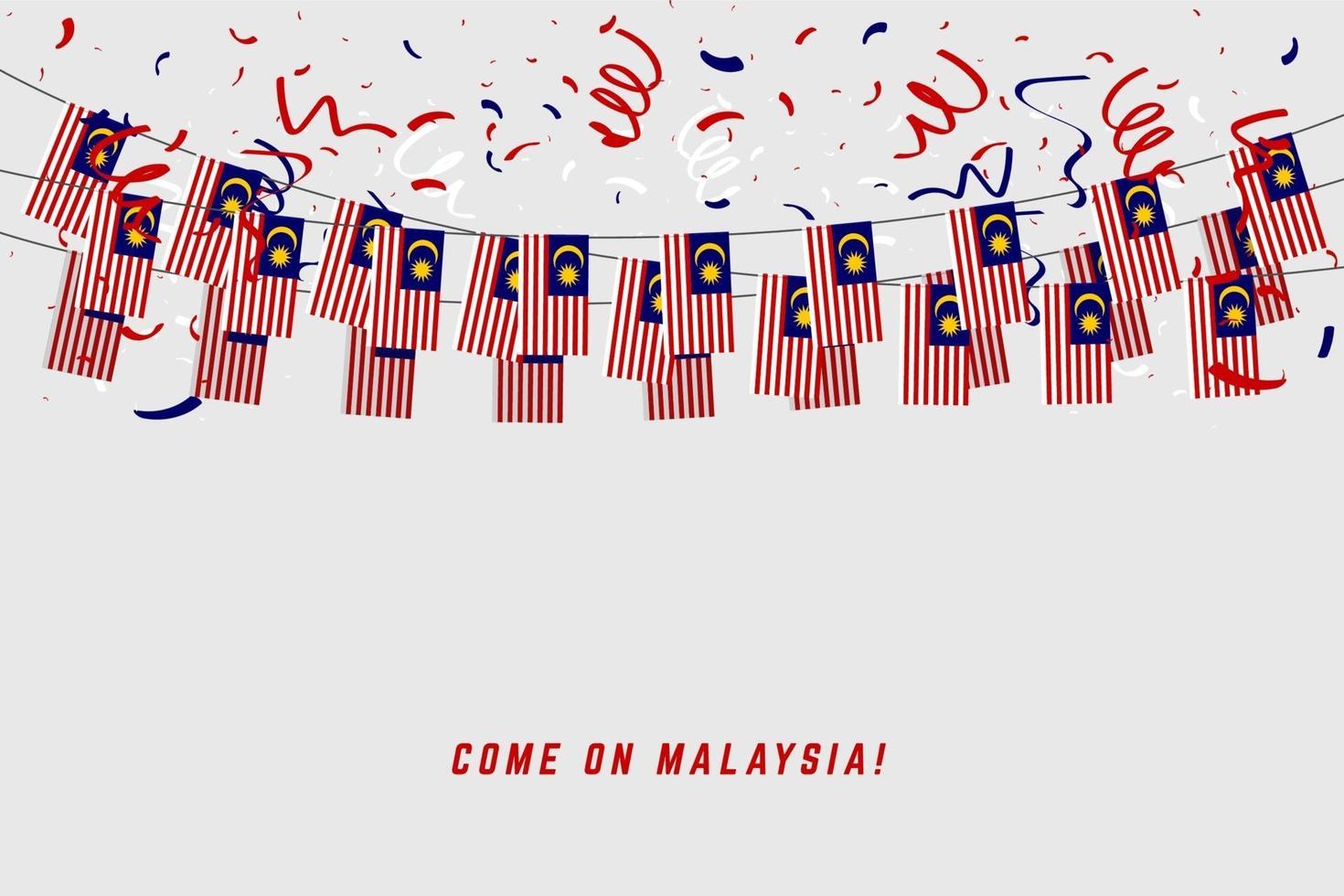 Bandeira de festão da Malásia com confete em fundo cinza. vetor