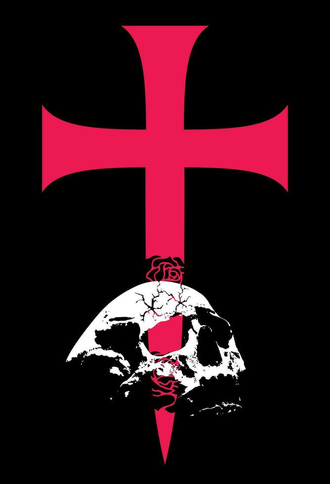 camiseta Projeto do uma caído crânio debaixo uma ampla medieval Cruz. Boa ilustração para heráldico temas. vetor