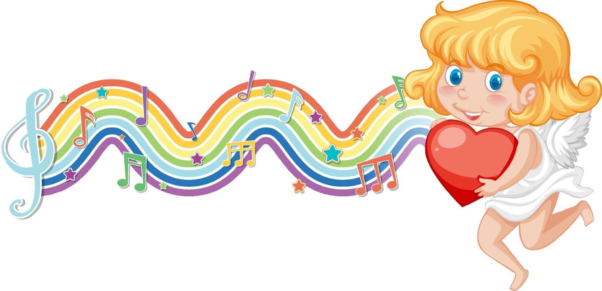 garota de Cupido segurando um coração com símbolos de melodia na onda do arco-íris vetor