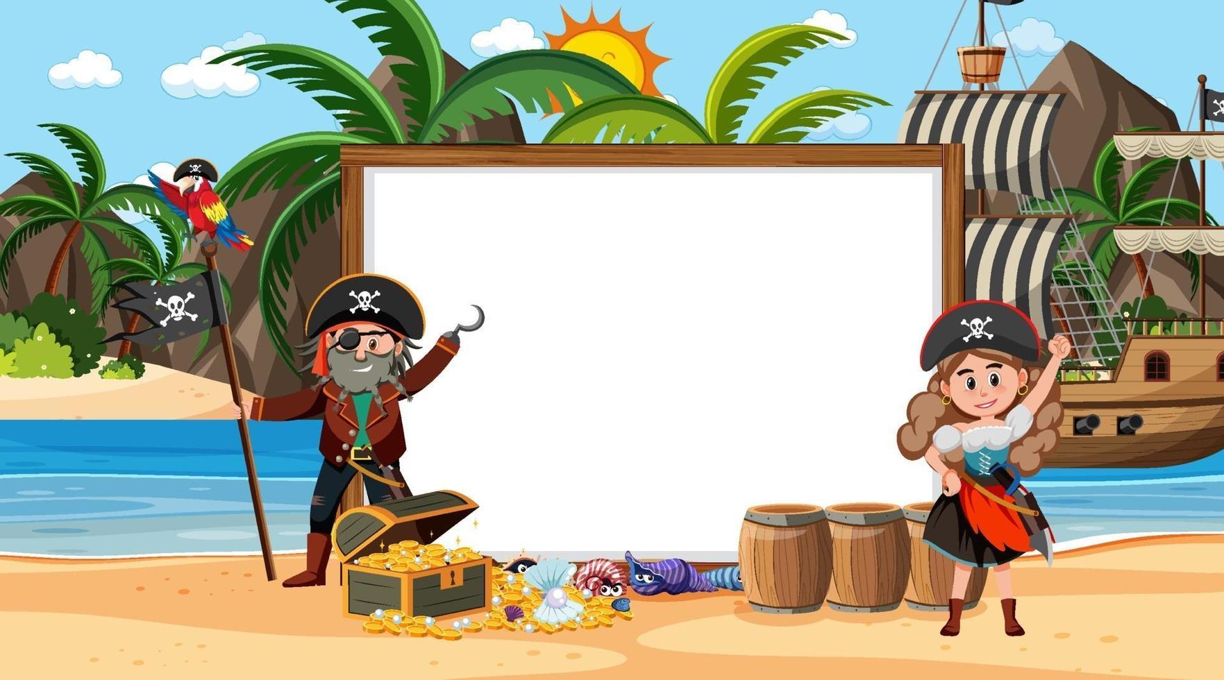 modelo de banner vazio com piratas na cena diurna da praia vetor