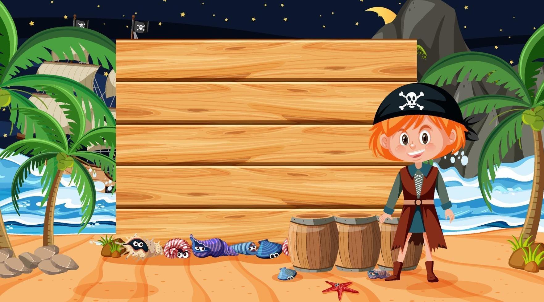 crianças piratas na cena noturna da praia com um modelo de banner vazio vetor