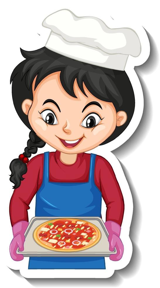 Adesivo de personagem de desenho animado com chef garota segurando uma bandeja de pizza vetor