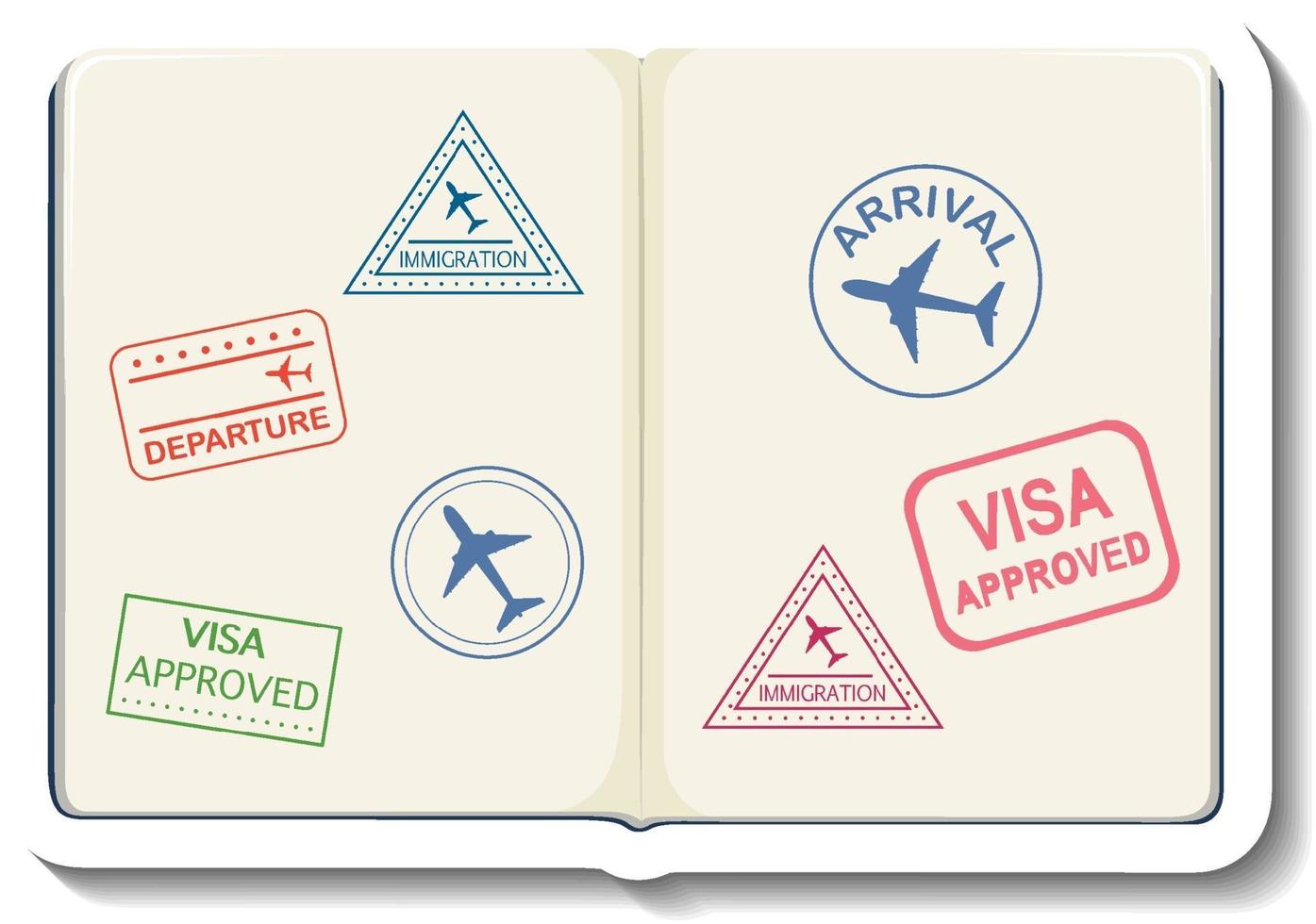 passaporte aberto com adesivo de desenho de carimbo de visto vetor