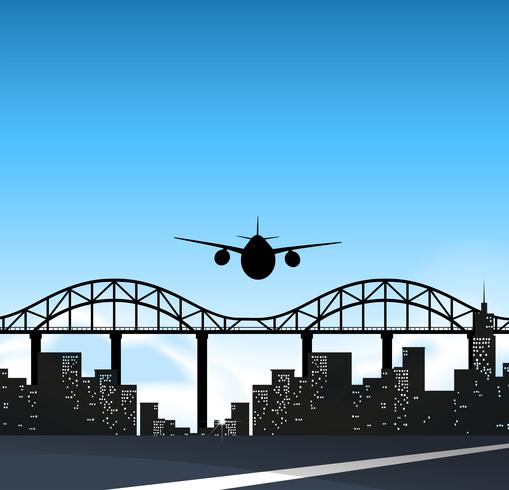 Avião sobrevoando a ponte na cidade vetor
