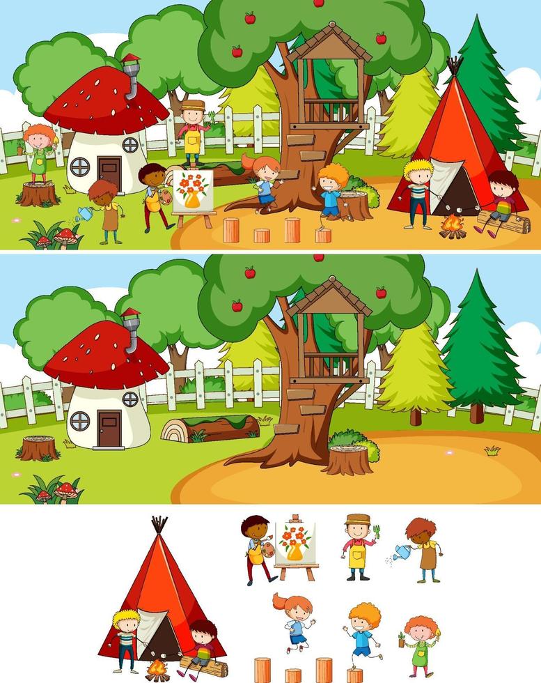 diferentes cenas horizontais de acampamento com doodle crianças vetor