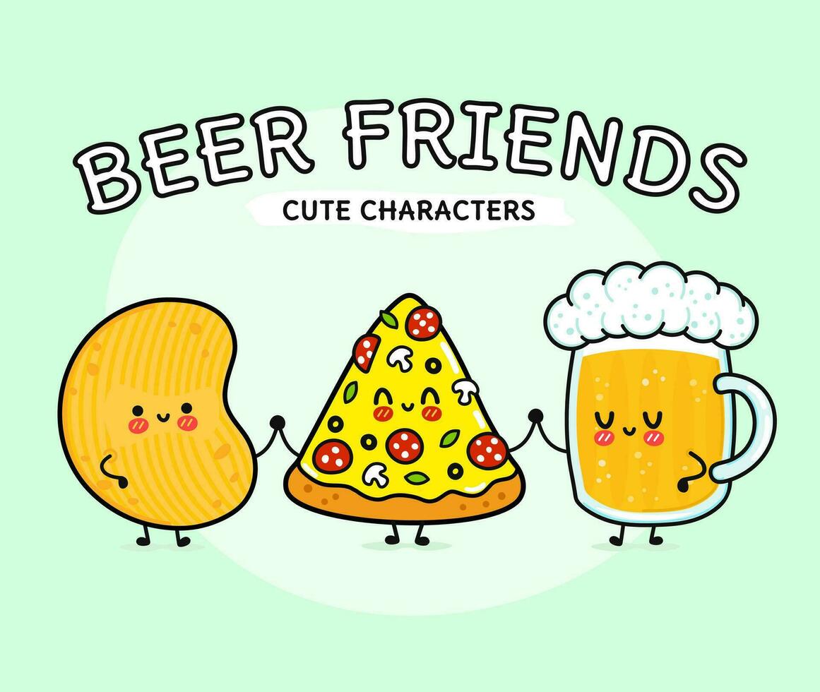 bonitinho, engraçado feliz vidro do cerveja, pizza e salgadinhos. vetor mão desenhado desenho animado kawaii personagens, ilustração ícone. engraçado feliz desenho animado vidro do Cerveja pizza salgadinhos mascote amigos