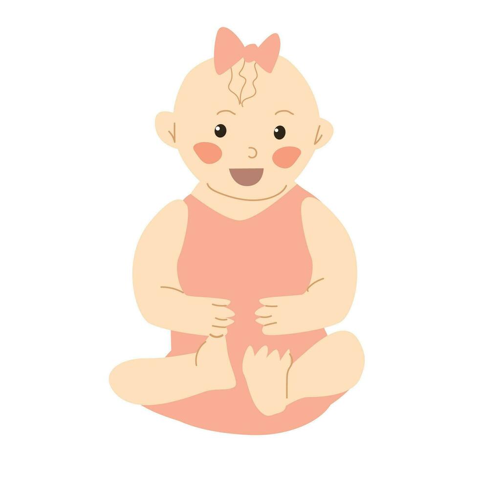 fofa bebê menina jogando com dela pé, desenho animado vetor