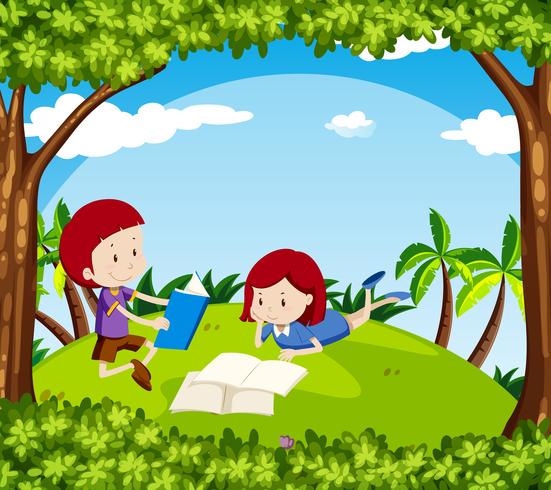 Menino e menina lendo livro no parque vetor