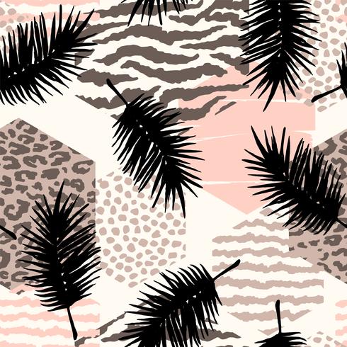 Resumo padrão sem emenda com animal print, plantas tropicais e formas geométricas. vetor