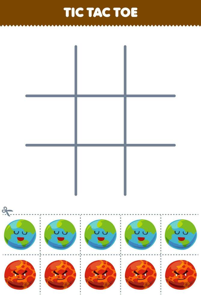 Educação jogos para crianças tic tac dedo do pé conjunto com fofa desenho animado terra e Marte planeta cenário imprimível solar sistema planilha vetor