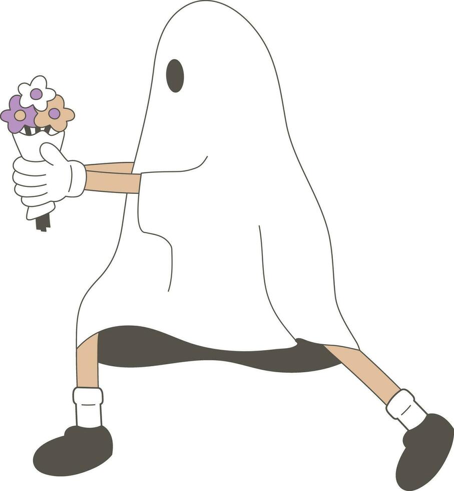 desenho animado retro groovy fantasma dia das Bruxas flor ramalhete vetor