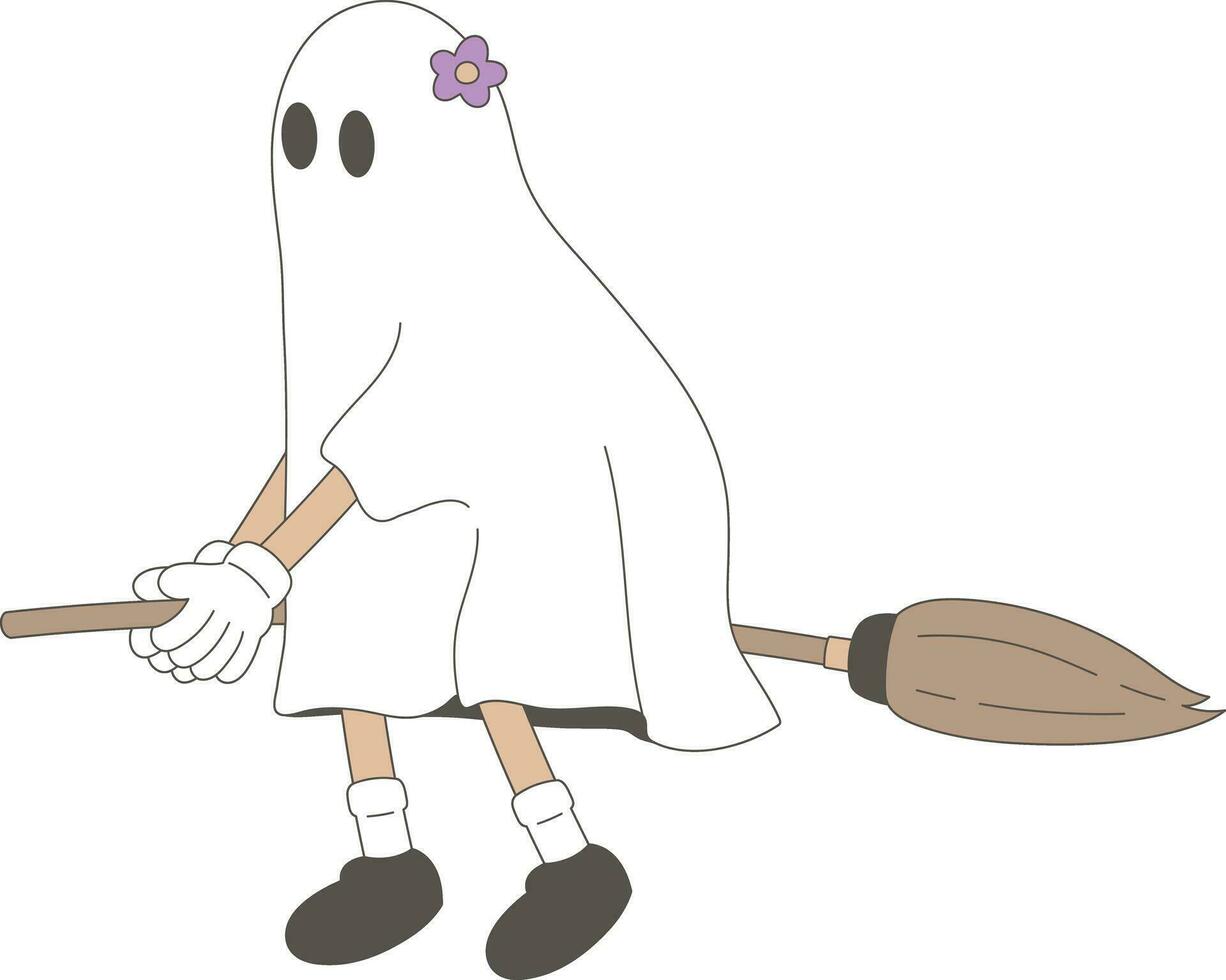 desenho animado retro groovy fantasma dia das Bruxas equitação uma vassoura vetor