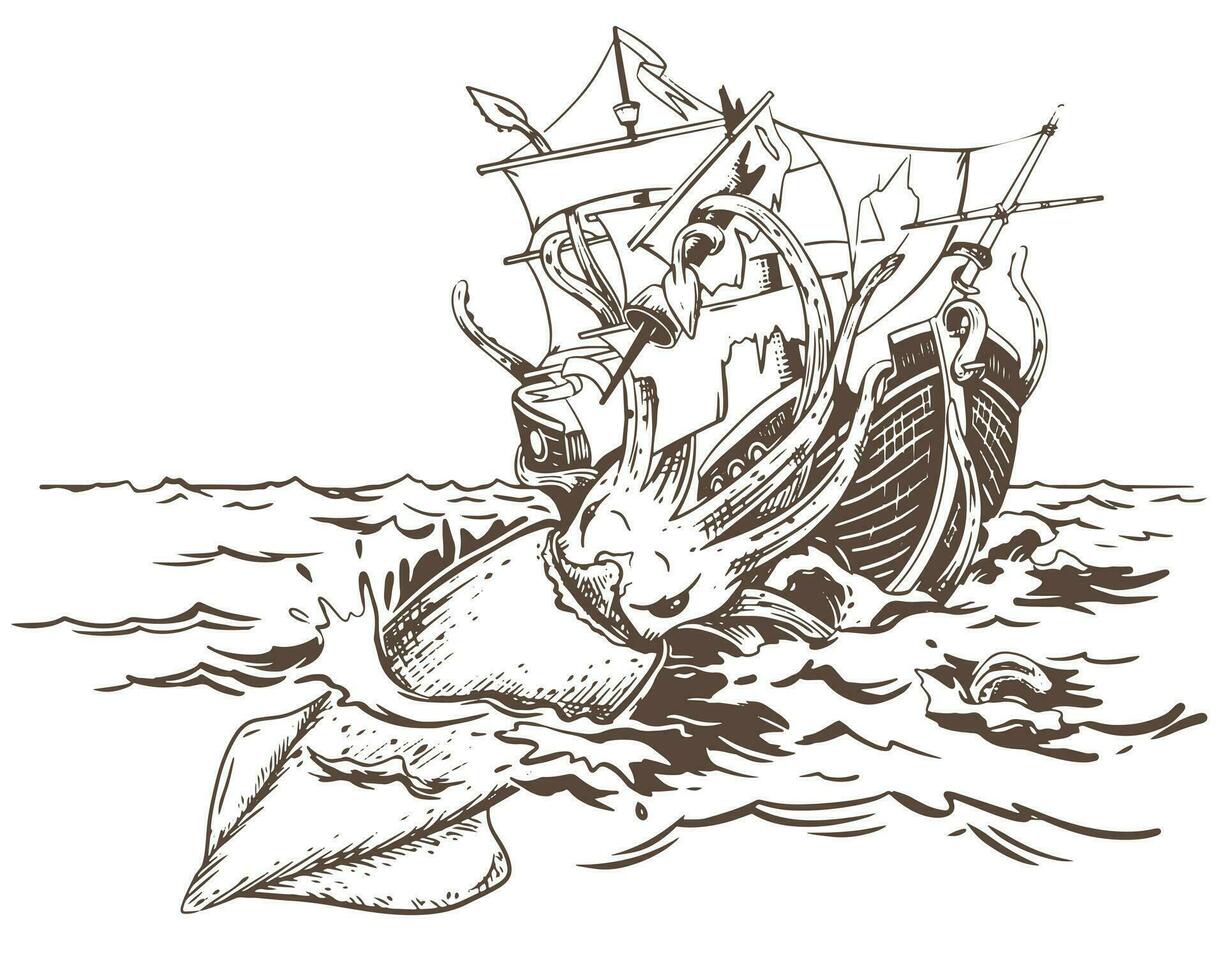 a lendário kraken é atacante a enviar. uma enorme Lula arrasta uma barco a vela embaixo da agua. monocromático desenho. vetor ilustração dentro gravação estilo. composição Sediada em a legendas do marinheiros.