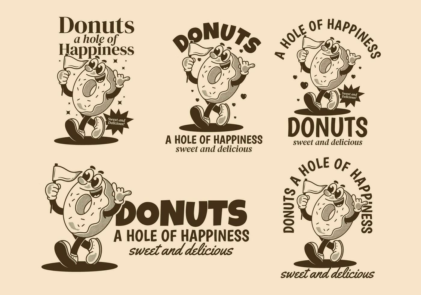 rosquinhas, uma orifício do felicidade. mascote personagem ilustração do caminhando rosquinhas segurando uma bandeira vetor