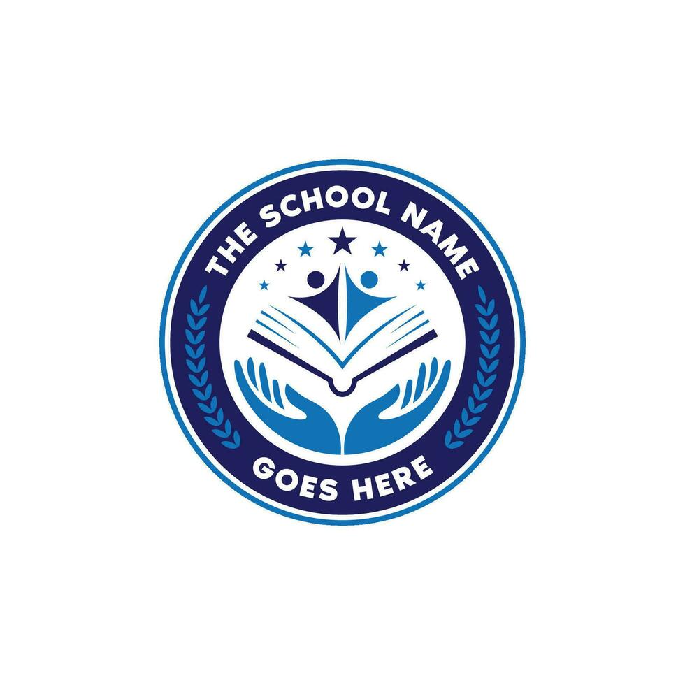 escola logotipo com mão, livro, aluna e Estrela com minimalista estilo vetor