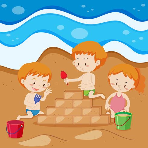 Crianças jovens, predios, areia, tijolo vetor