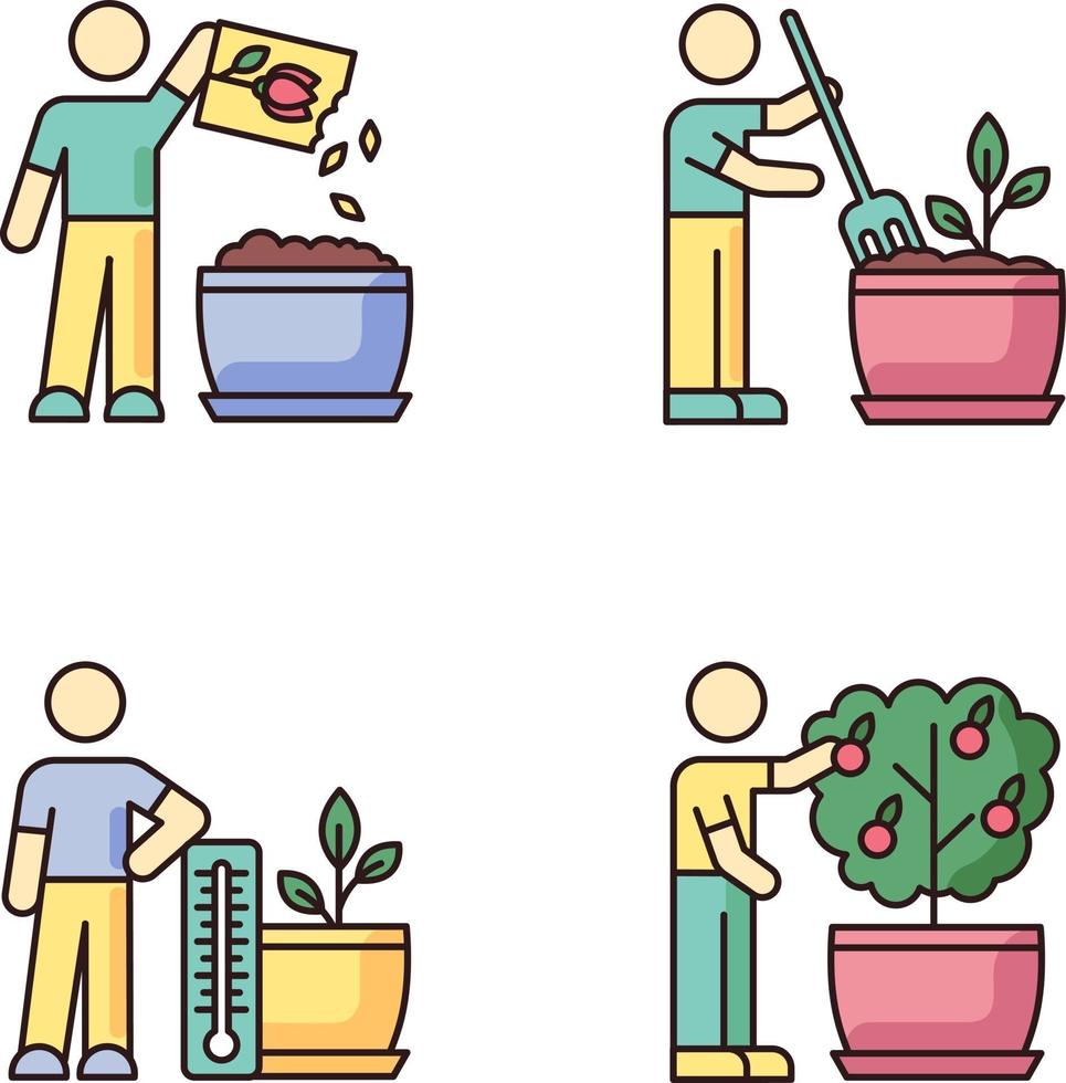 conjunto de ícones de cores rgb do processo de jardinagem interna vetor