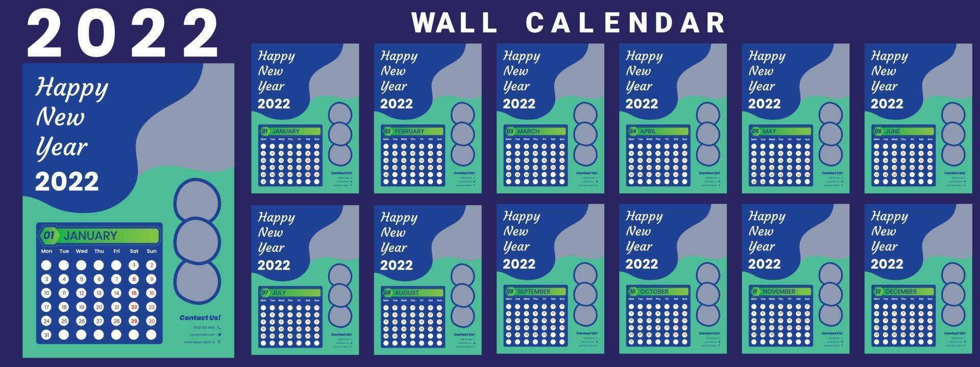 calendário de parede 2022 semana começar na segunda-feira vetor modelo de design corporativo