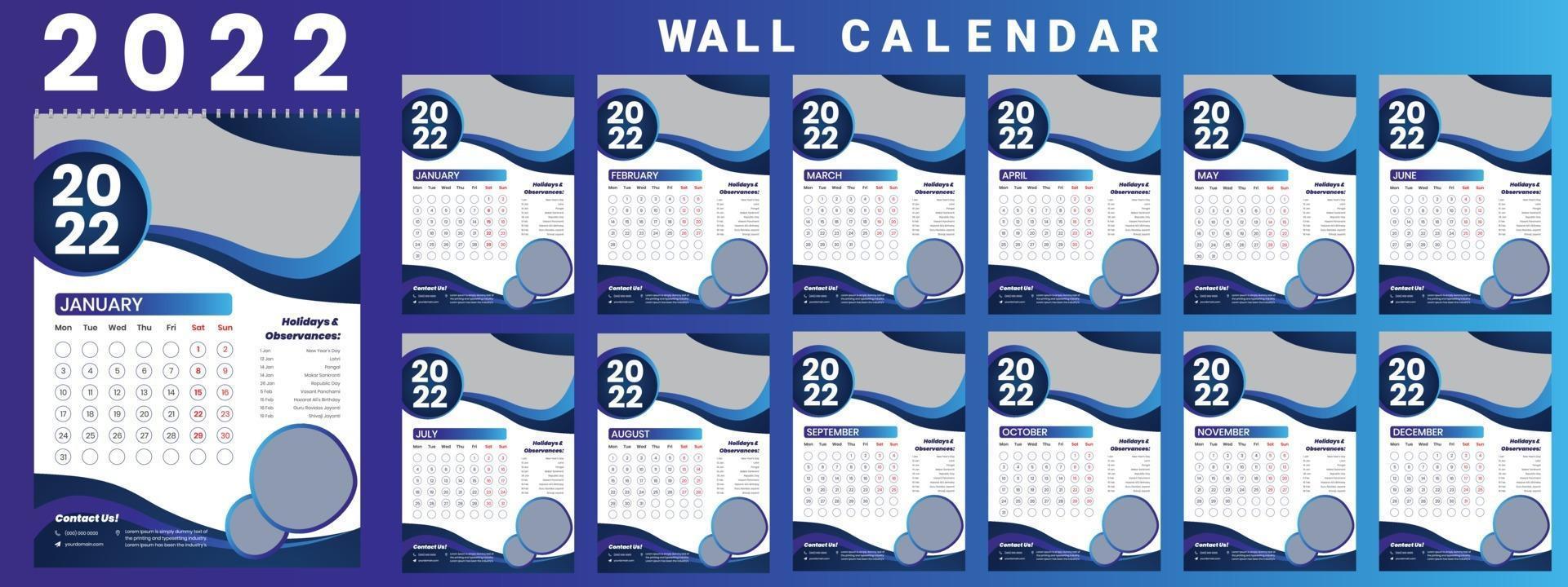 calendário de parede 2022 semana começar na segunda-feira vetor modelo de design corporativo