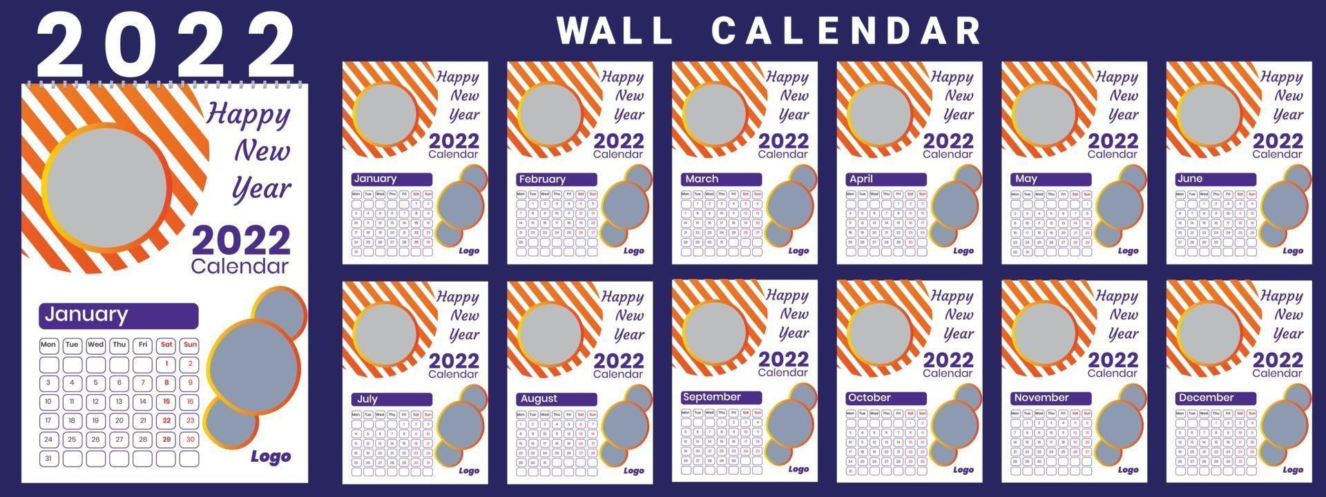 calendário de parede 2022 semana começar na segunda-feira vetor modelo de design corporativo