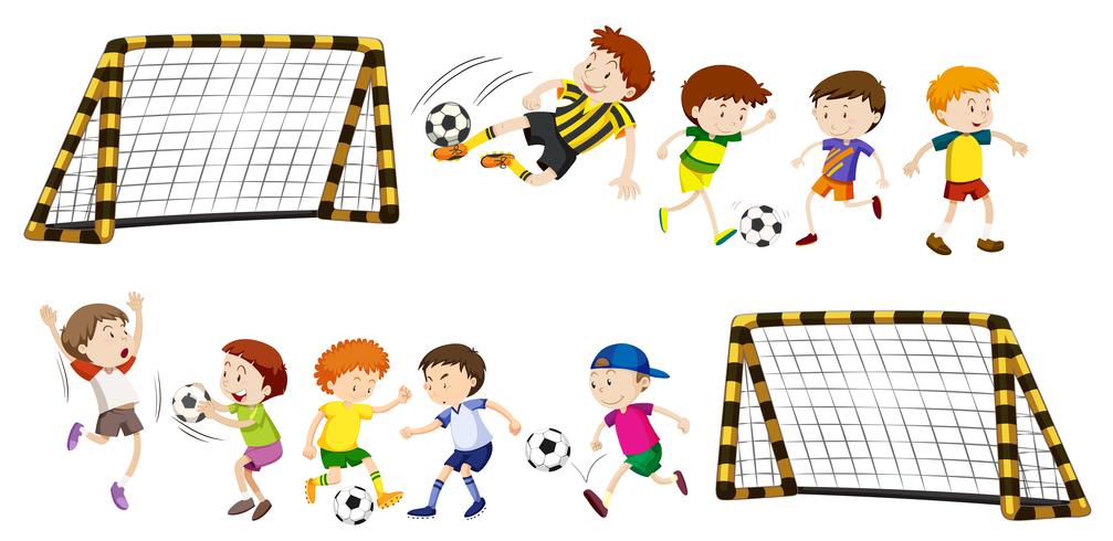 Objetivo de futebol e meninos jogando bola vetor
