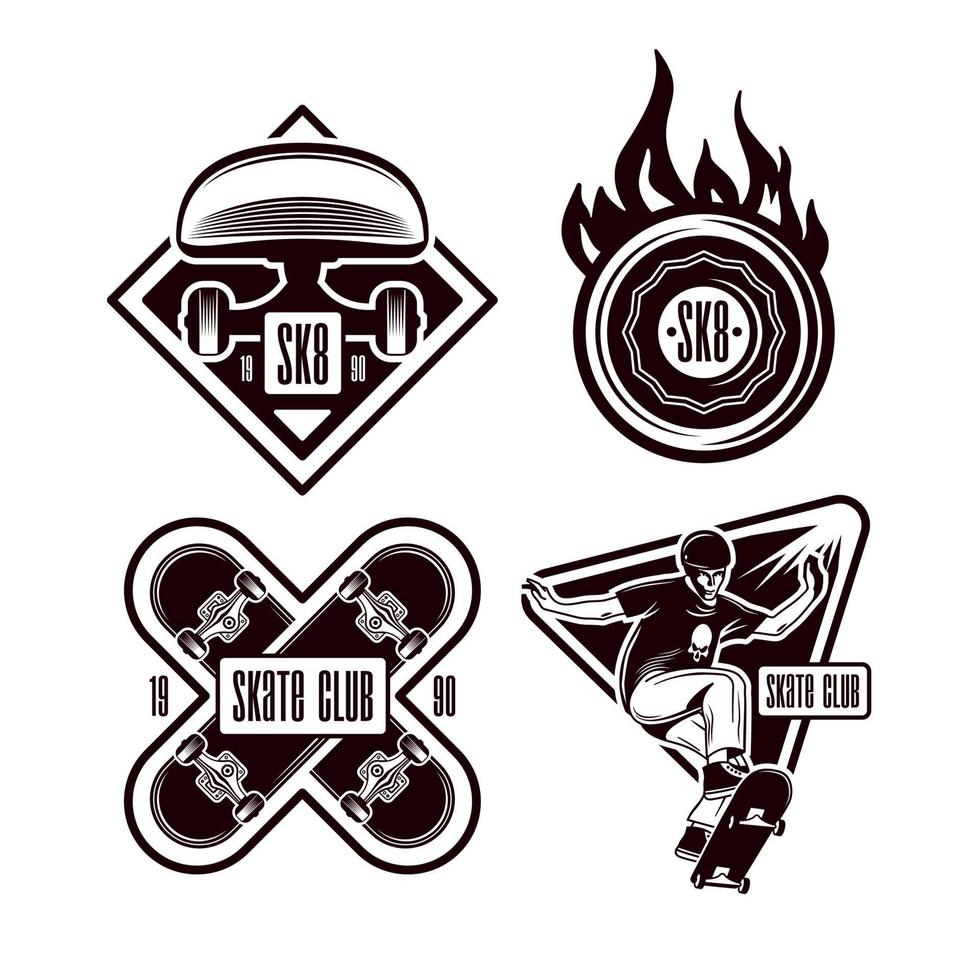 ilustração vetorial conjunto de emblemas monocromáticos de skate vetor