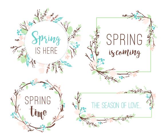Conjunto de quadros de primavera de ramos e folhas. vetor